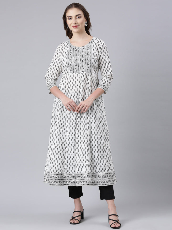 Neerus Black printed anarkali floral kurta - front view