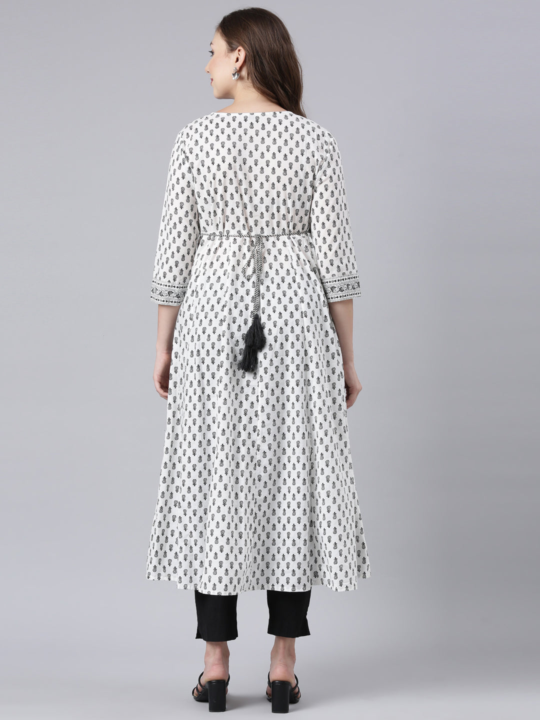 Neerus Black printed anarkali floral kurta - detail view 1