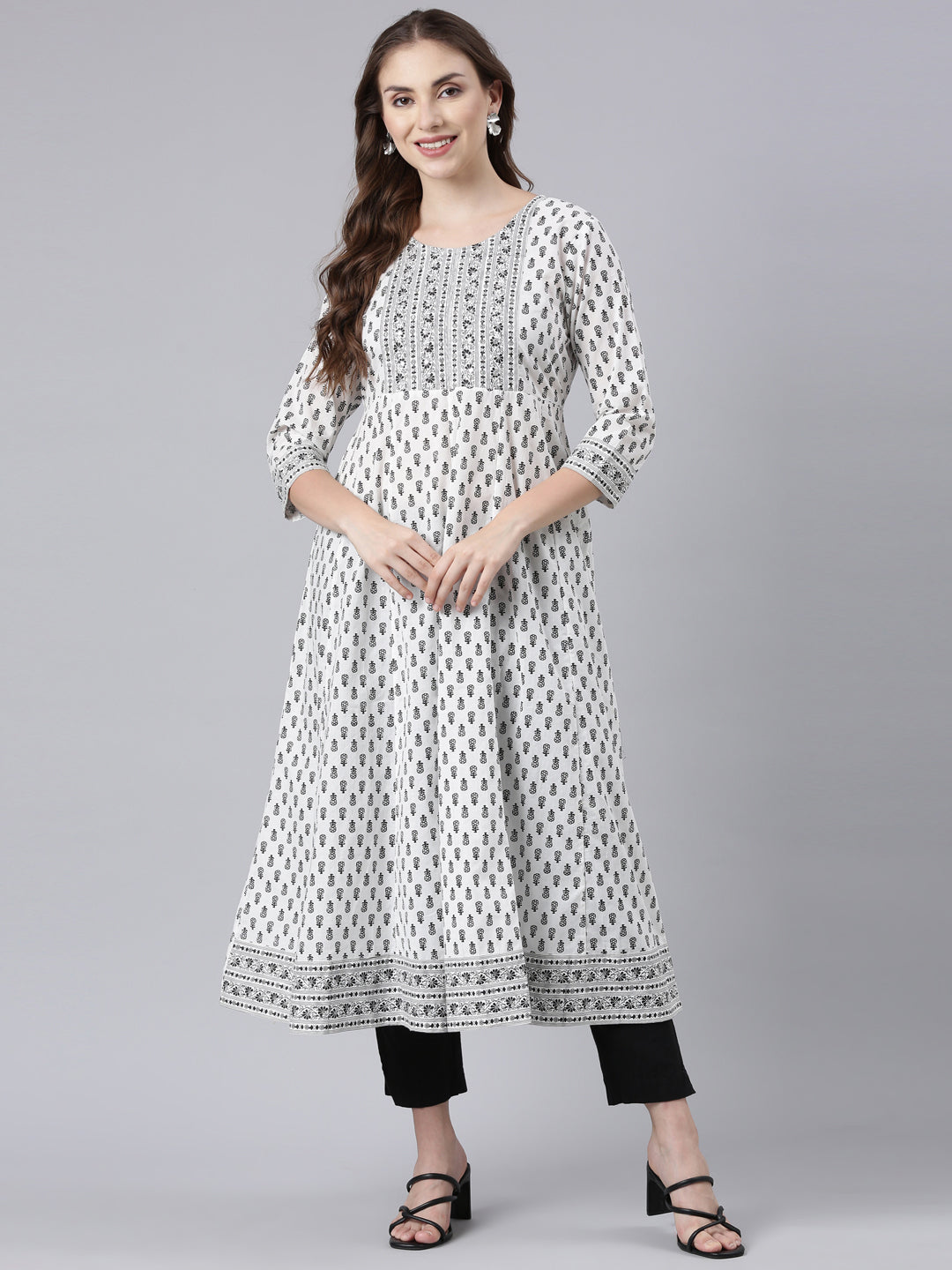 Neerus Black printed anarkali floral kurta - detail view 2