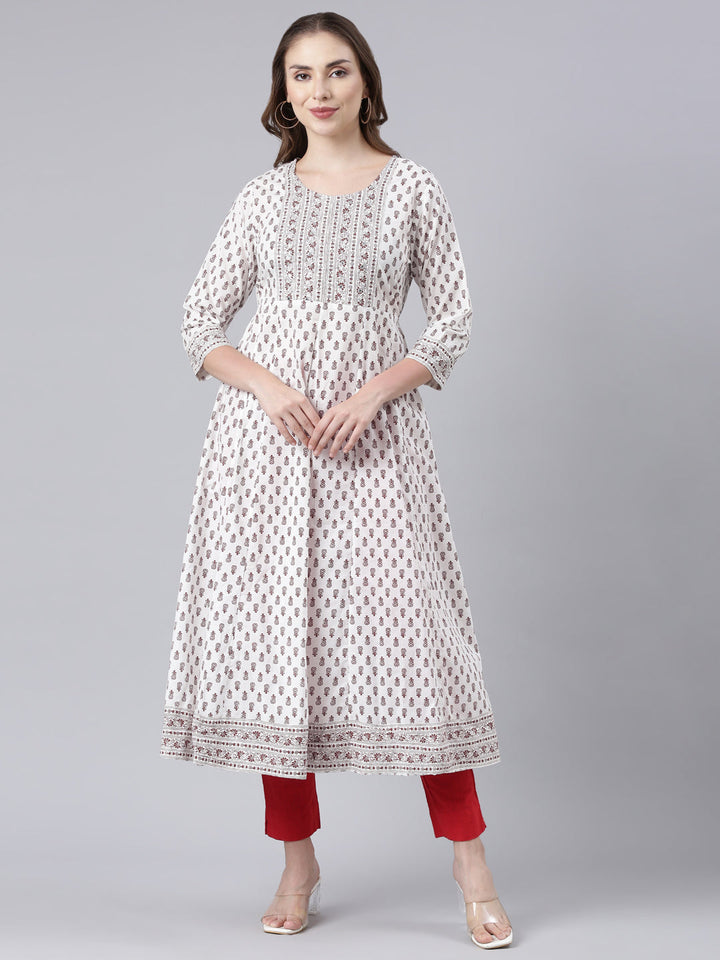 Neerus Brown embroidered anarkali kurti floral panelled - front view