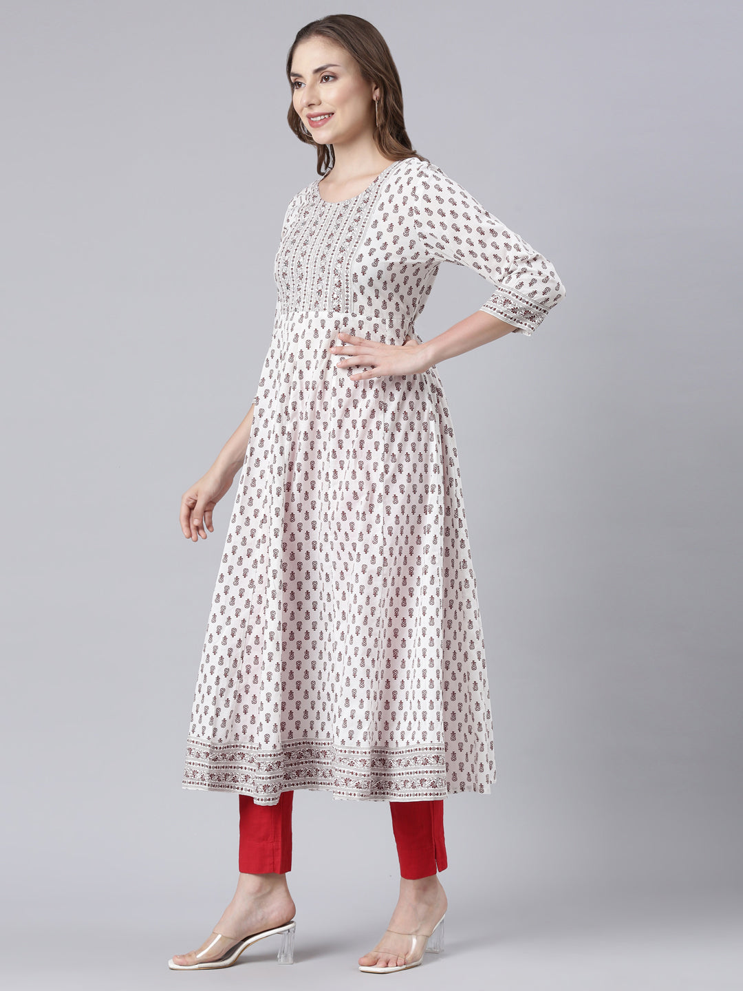 Neerus Brown embroidered anarkali kurti floral panelled - back view
