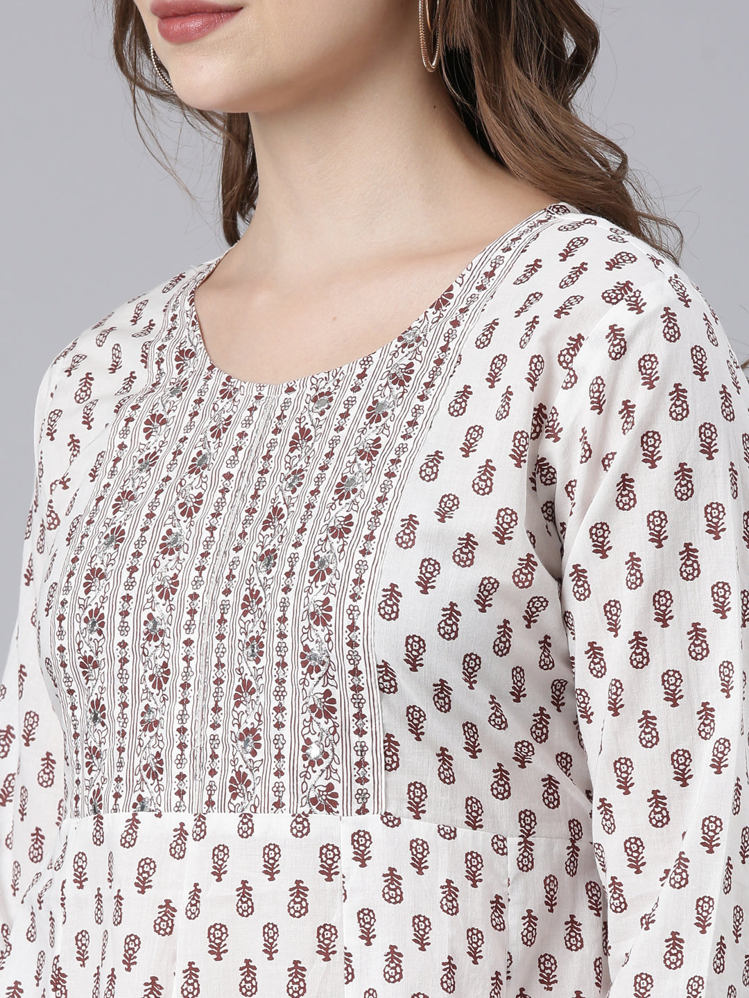 Neerus Brown embroidered anarkali kurti floral panelled - detail view 2