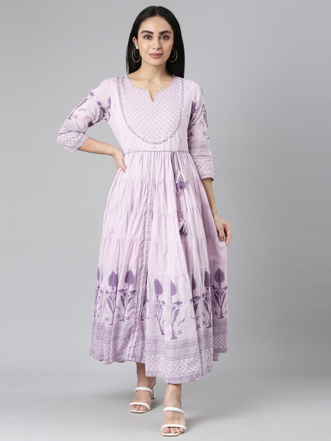 Neerus Purple cotton printed floral maxi dress - front view