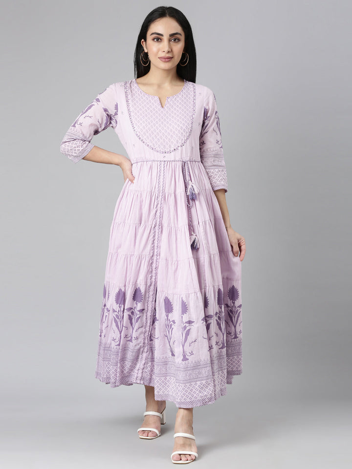 Neerus Purple cotton printed floral maxi dress - front view