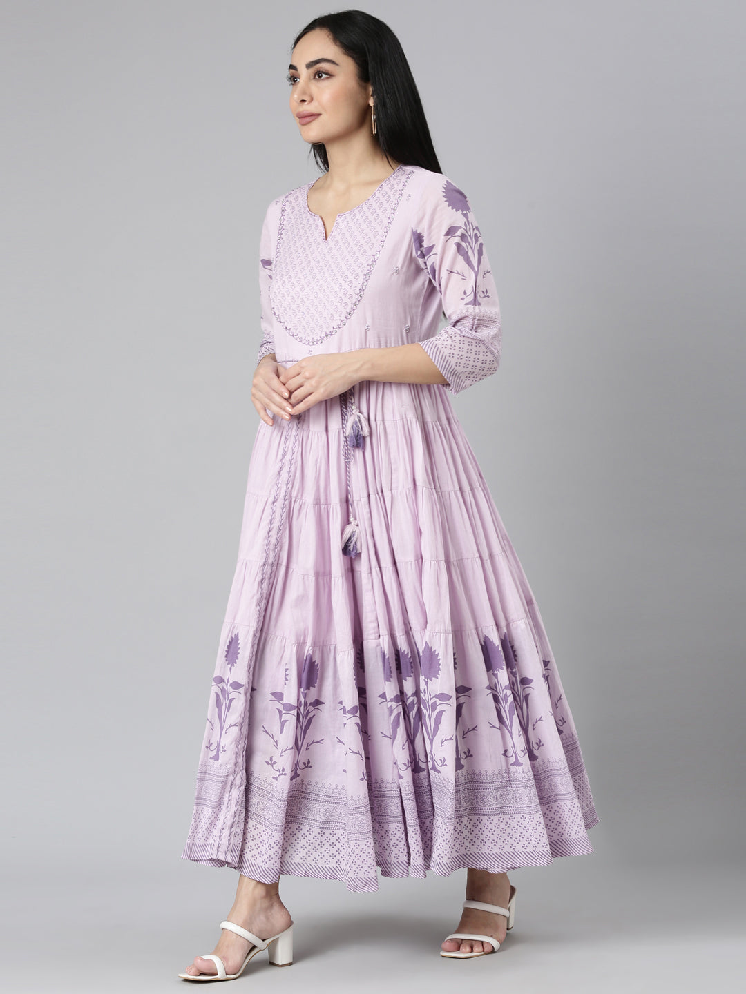 Neerus Purple cotton printed floral maxi dress - back view