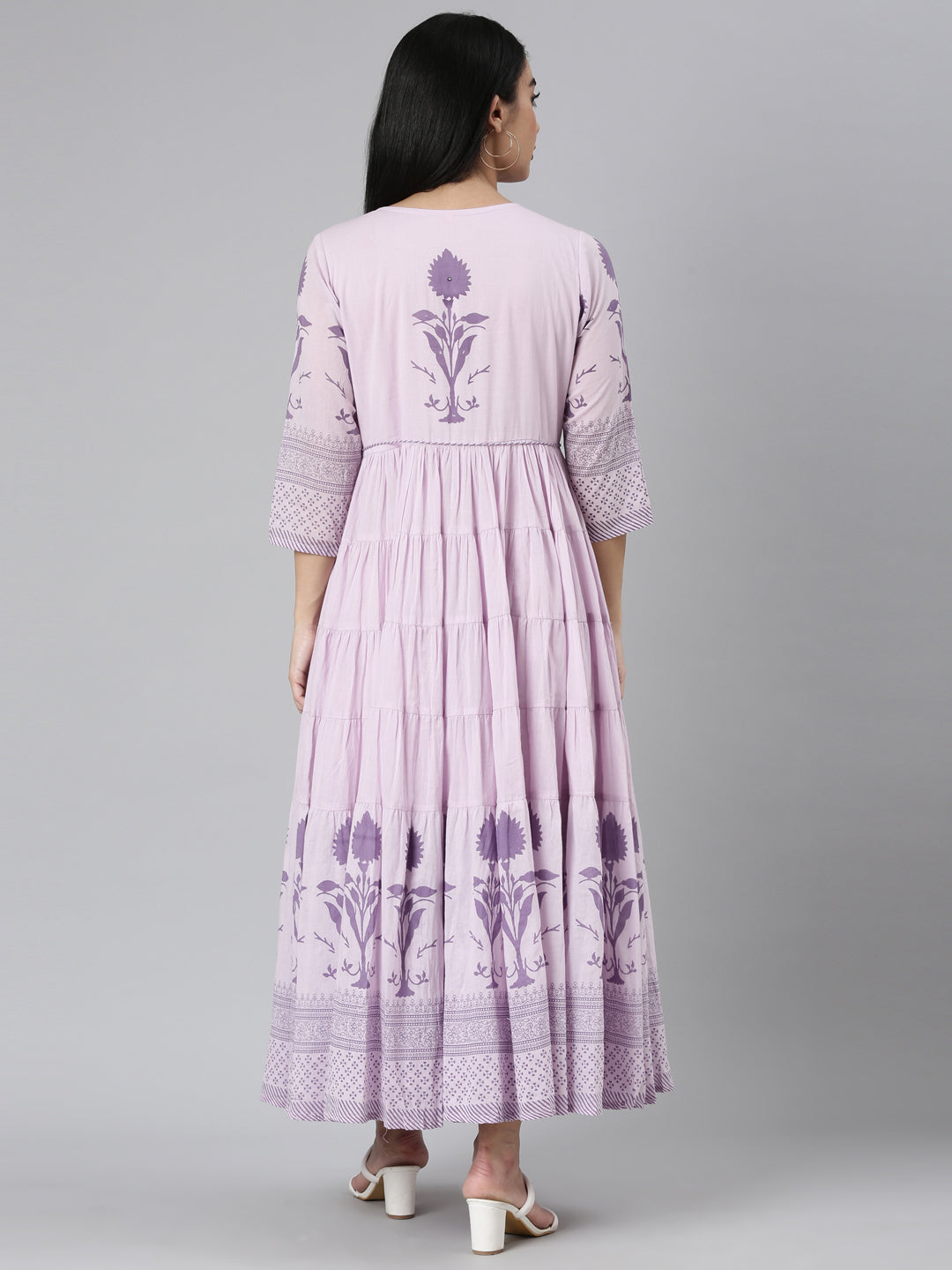Neerus Purple cotton printed floral maxi dress - side view