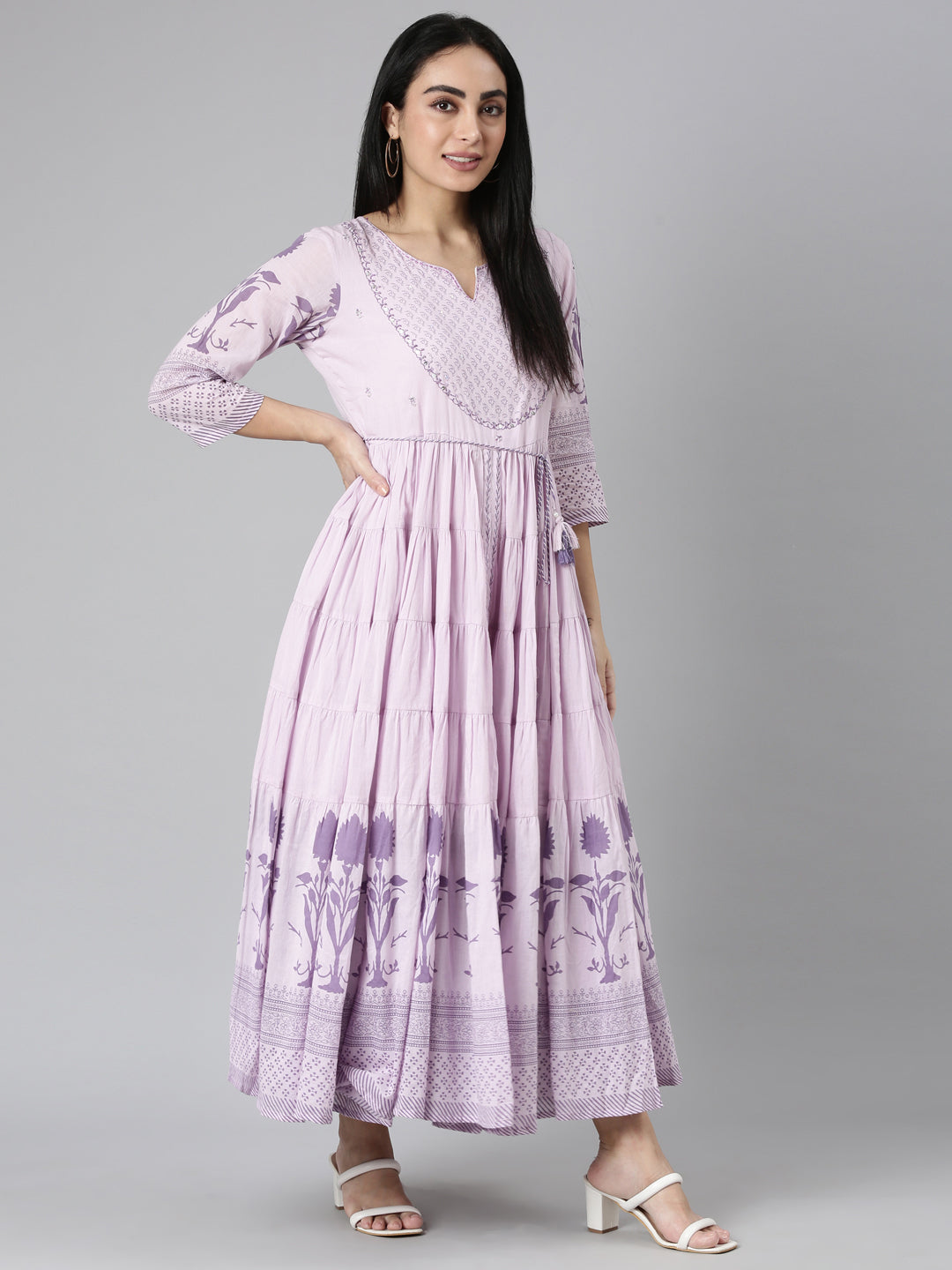 Neerus Purple cotton printed floral maxi dress - detail view 2