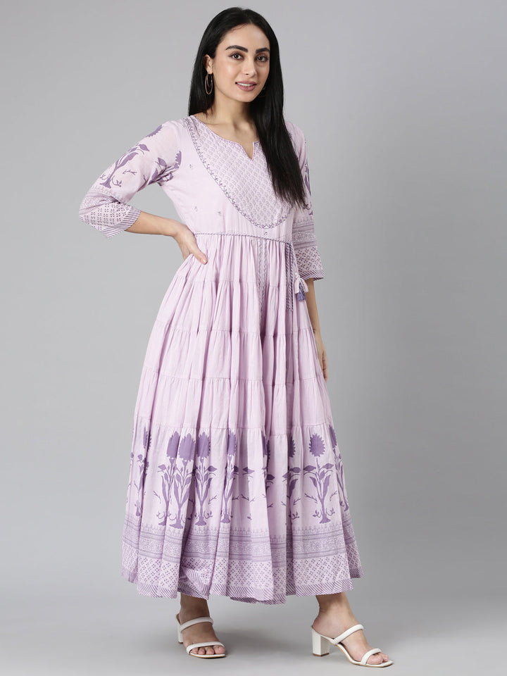 Neerus Purple cotton printed floral maxi dress - detail view 2