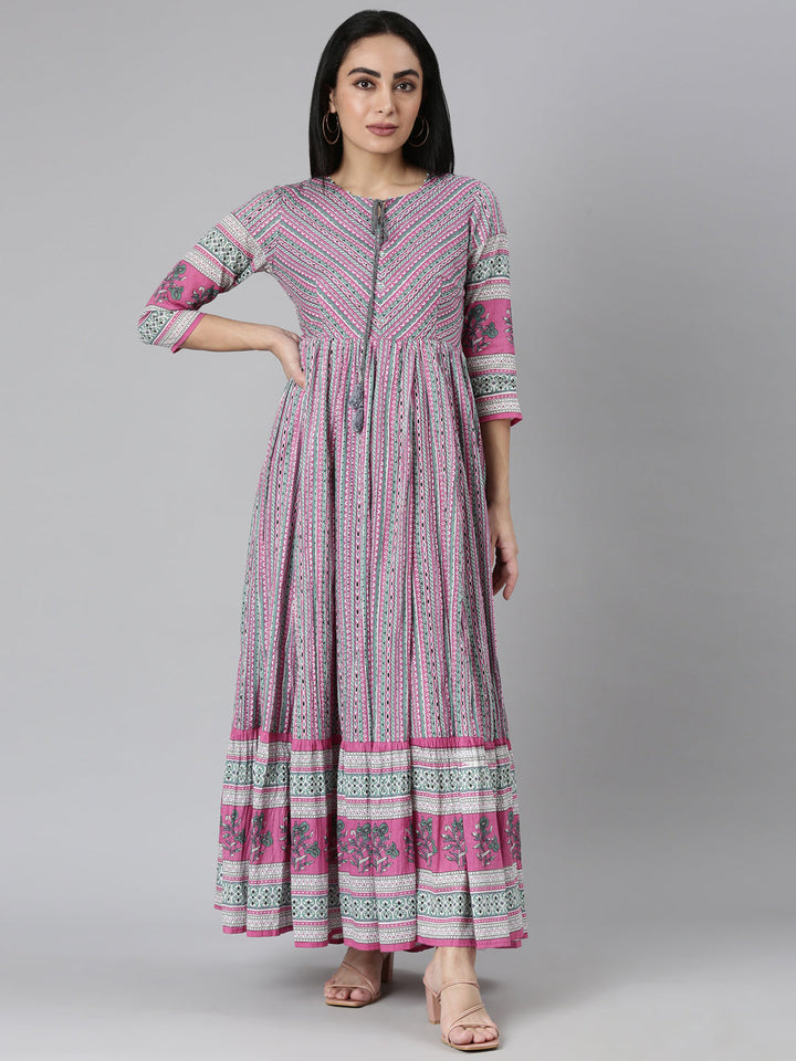 Neerus Pink cotton printed maxi dress - front view