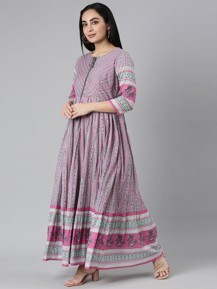 Neerus Pink cotton printed maxi dress - back view