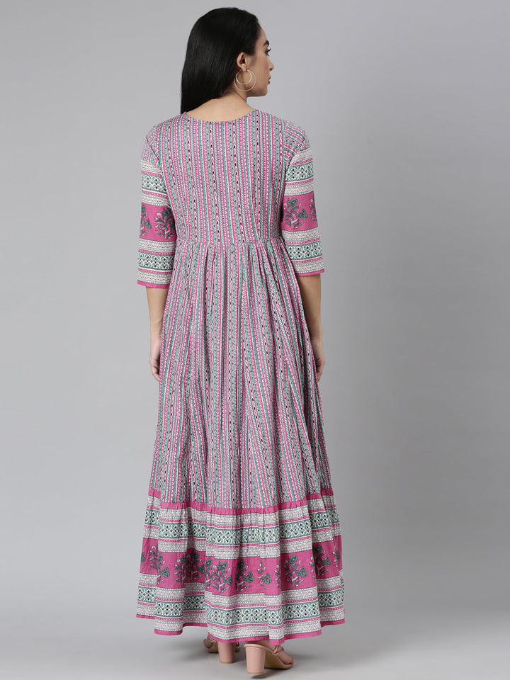 Neerus Pink cotton printed maxi dress - side view