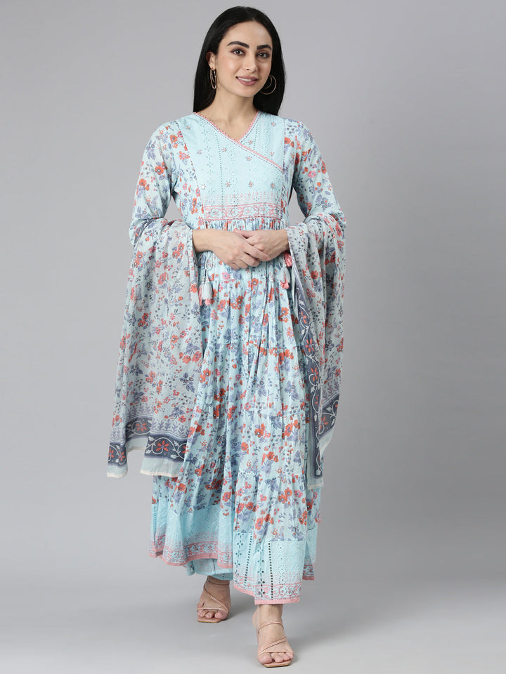 Neerus Blue cotton printed maxi dress - front view