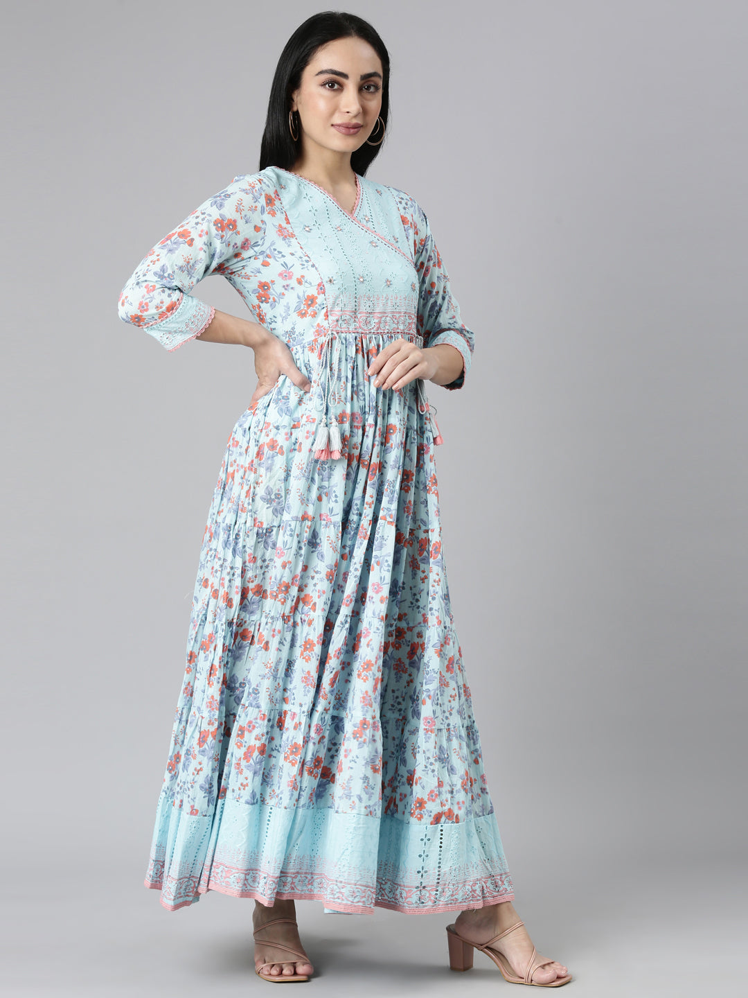 Neerus Blue cotton printed maxi dress - back view