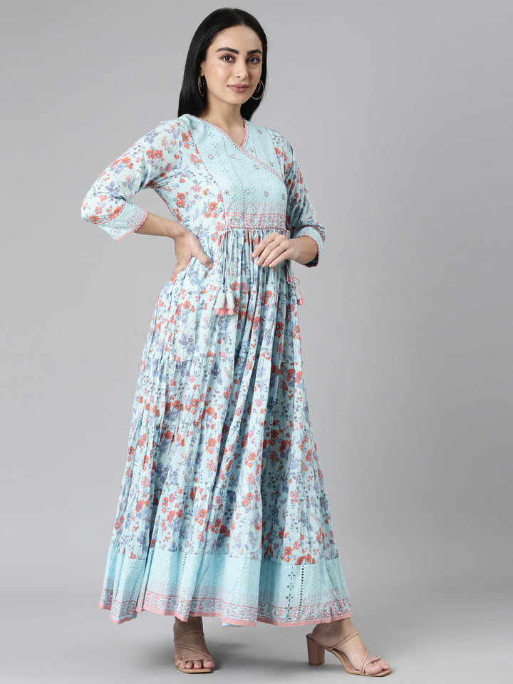 Neerus Blue cotton printed maxi dress - back view
