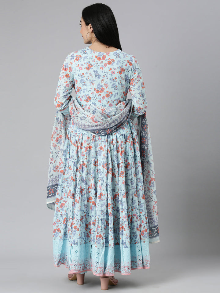 Neerus Blue cotton printed maxi dress - side view