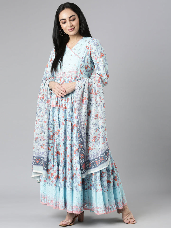 Neerus Blue cotton printed maxi dress - detail view 2