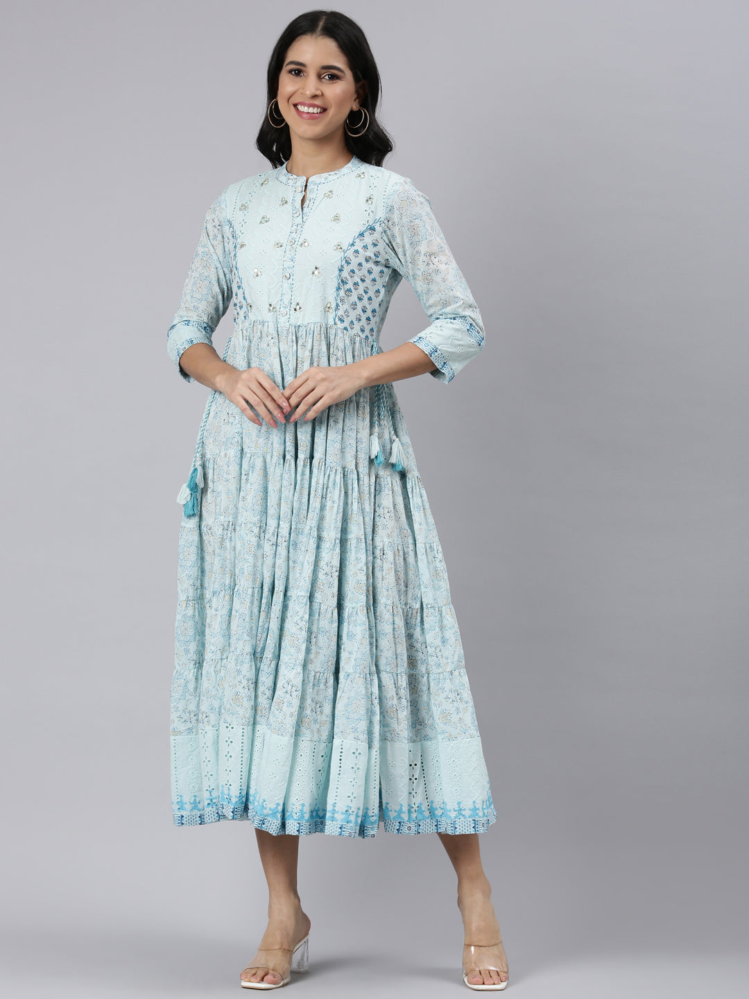 Neerus Blue cotton printed floral fit and flare dress - front view