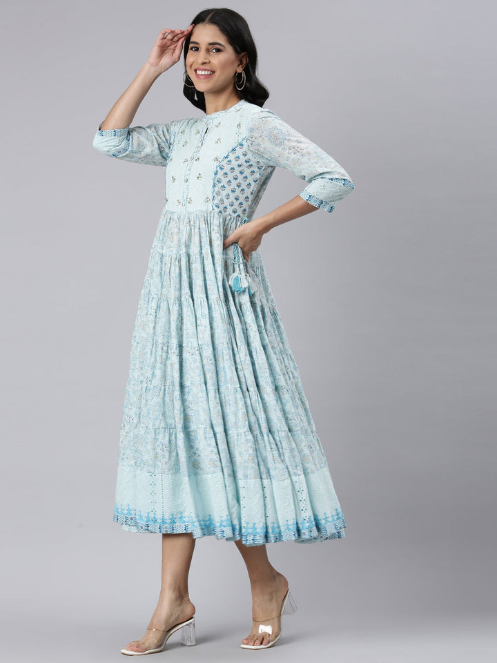 Neerus Blue cotton printed floral fit and flare dress - back view