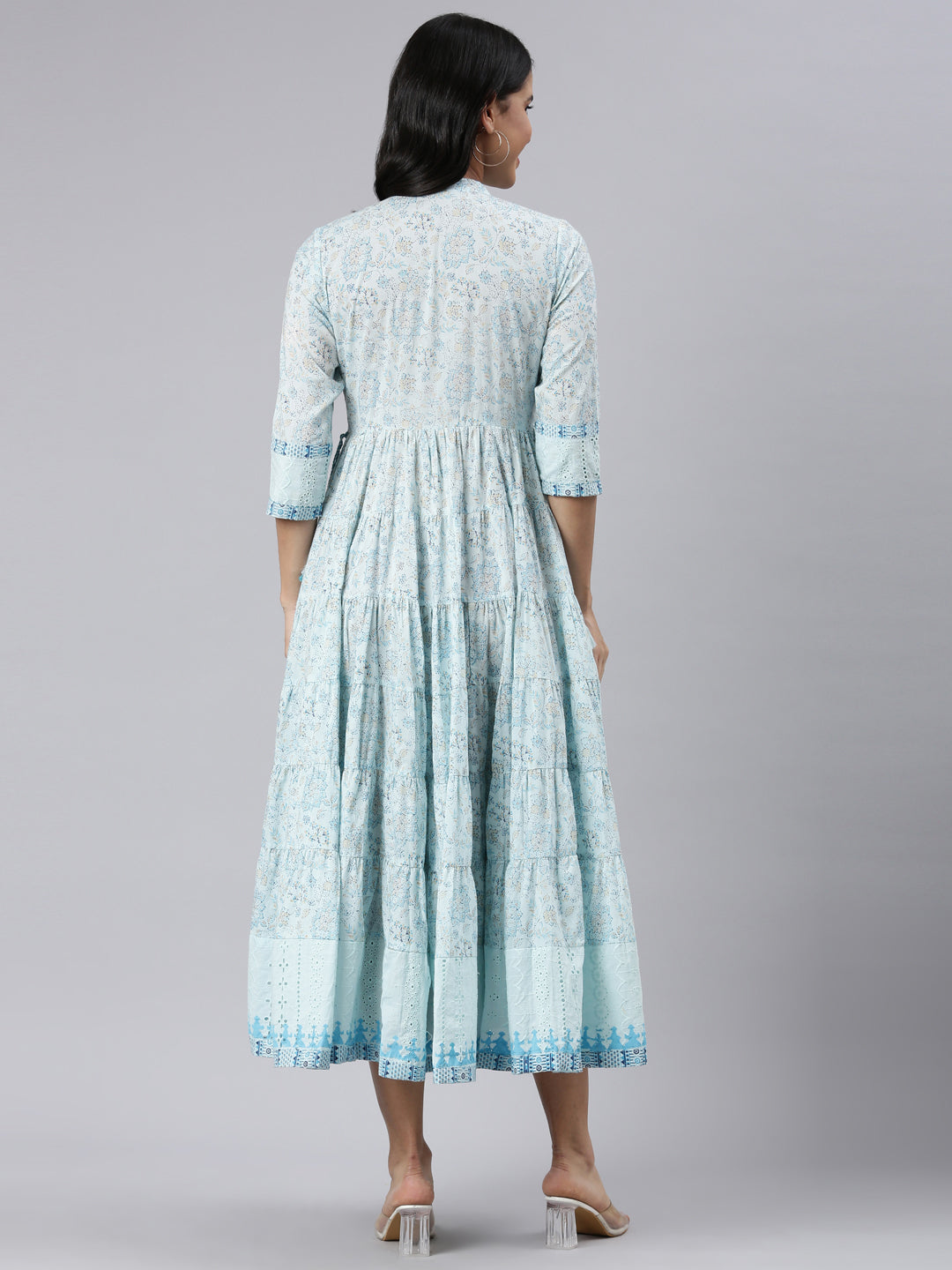 Neerus Blue cotton printed floral fit and flare dress - side view