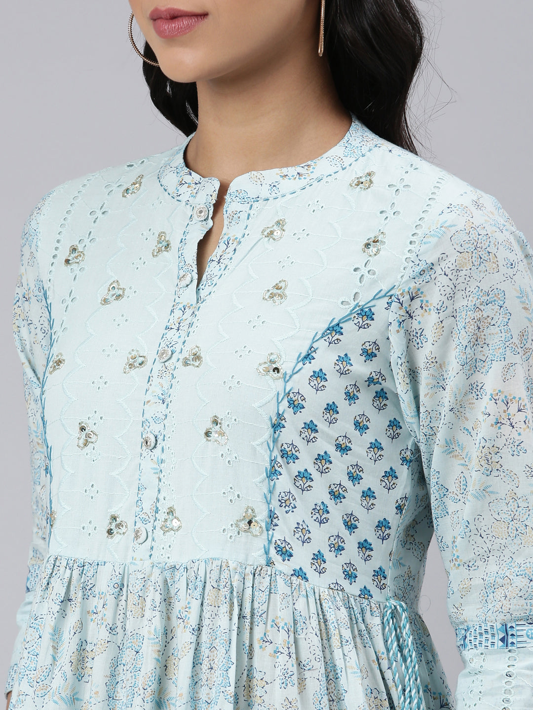 Neerus Blue cotton printed floral fit and flare dress - detail view 1
