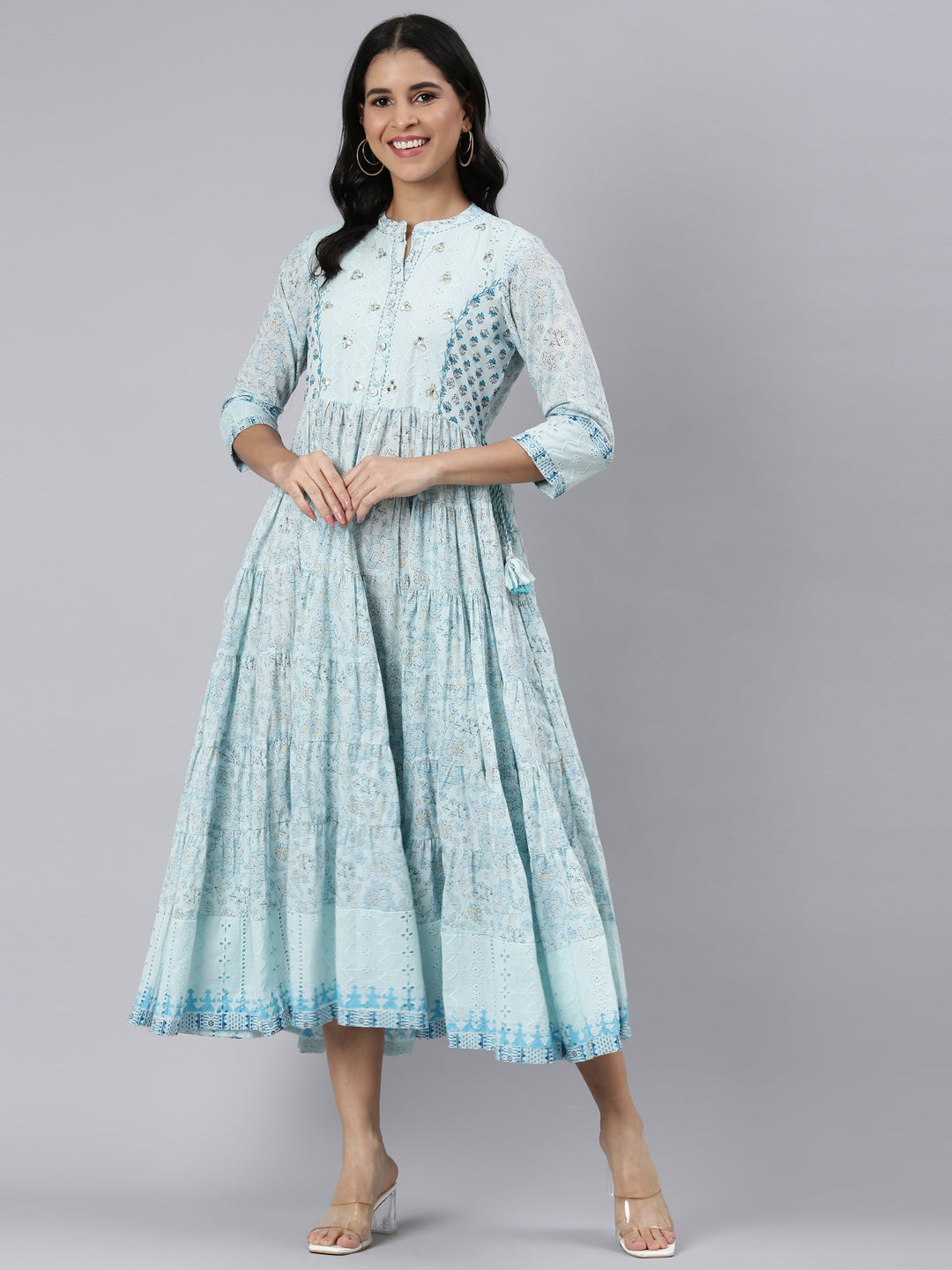 Neerus Blue cotton printed floral fit and flare dress - detail view 2