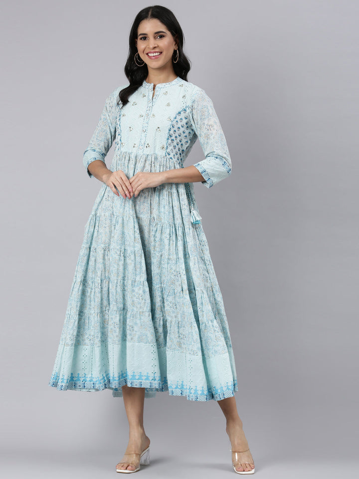 Neerus Blue cotton printed floral fit and flare dress - detail view 2