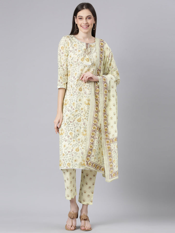 Neerus Yellow Printed Straight Kurta and Trousers With Dupatta