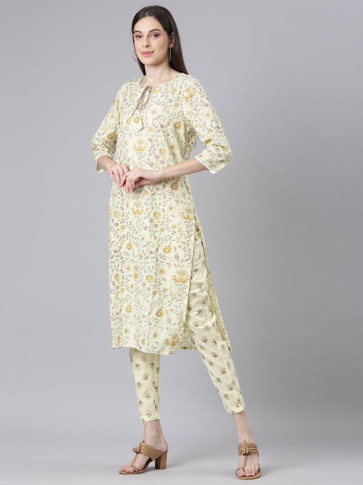 Neerus Yellow Printed Straight Kurta and Trousers With Dupatta