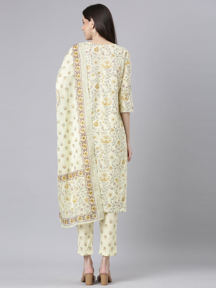 Neerus Yellow Printed Straight Kurta and Trousers With Dupatta