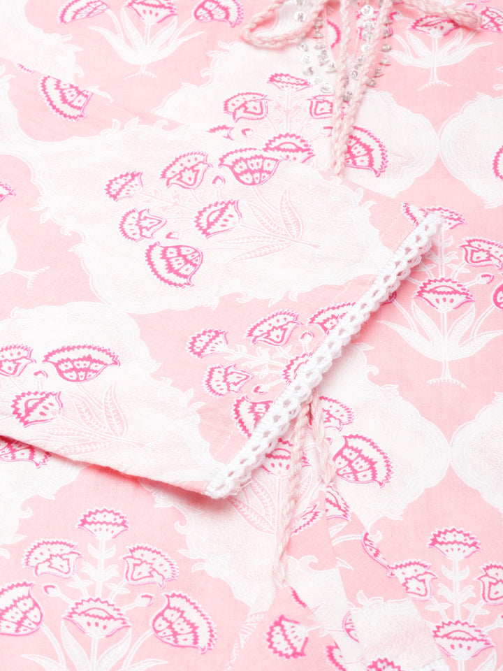 Neerus Pink Regular Straight Printed Kurta and Trousers With Dupatta