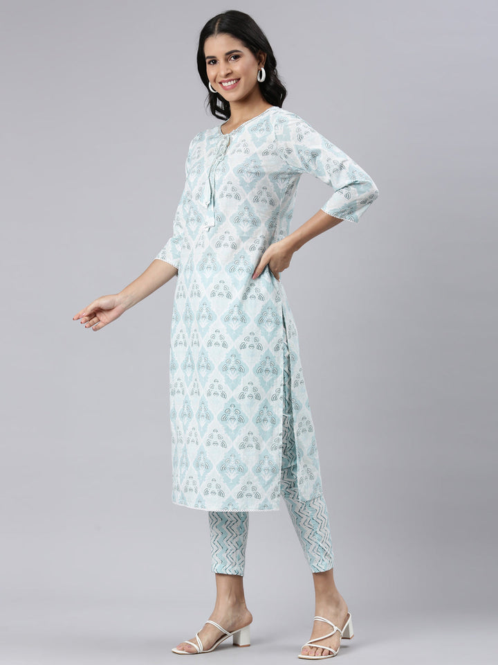 Neerus Blue Regular Straight Printed Kurta and Trousers With Dupatta