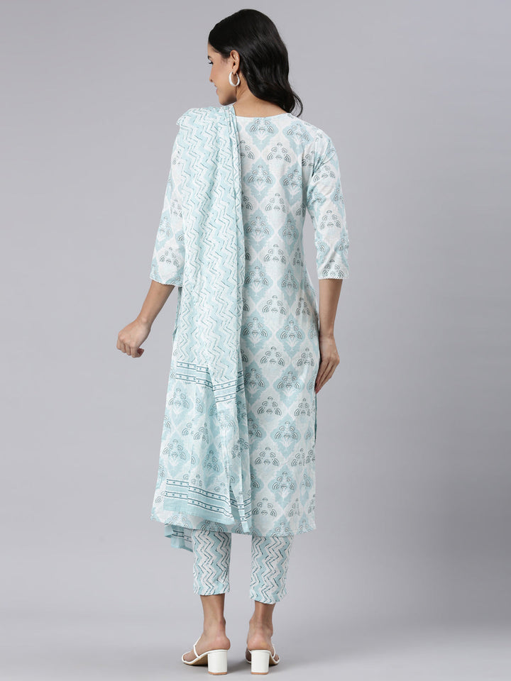 Neerus Blue Regular Straight Printed Kurta and Trousers With Dupatta