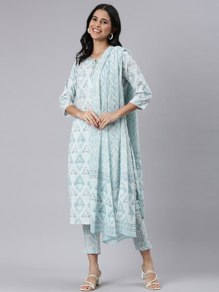 Neerus Blue Regular Straight Printed Kurta and Trousers With Dupatta