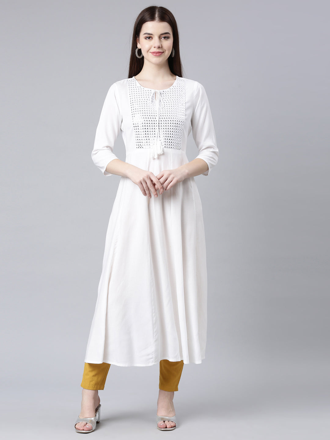 Neerus White cotton solid anarkali kurta - front view