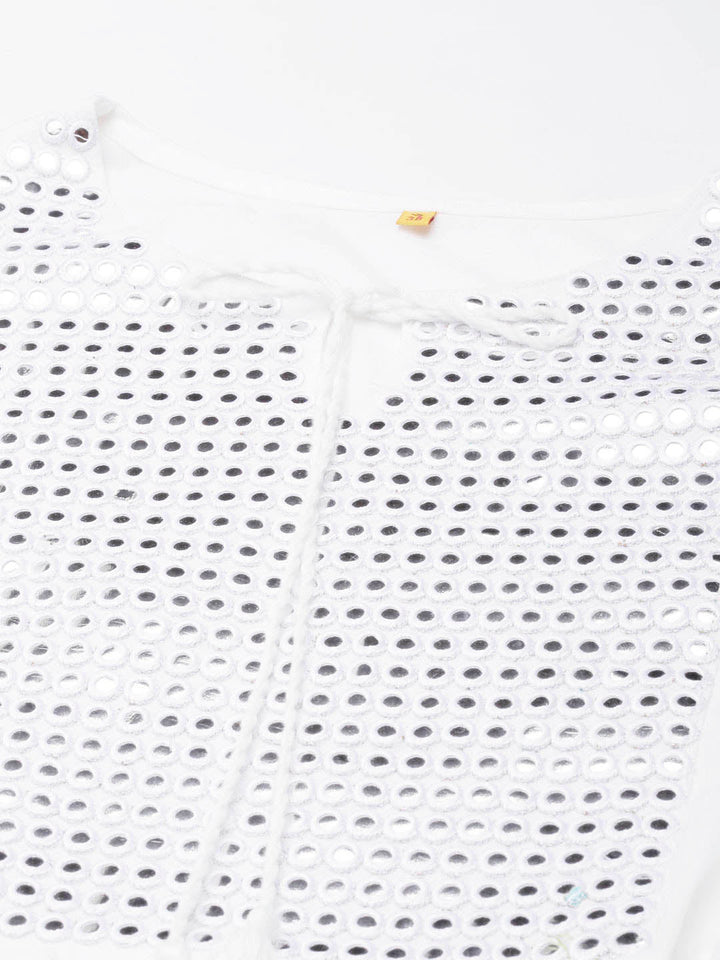 Neerus White cotton solid anarkali kurta - detail view 3