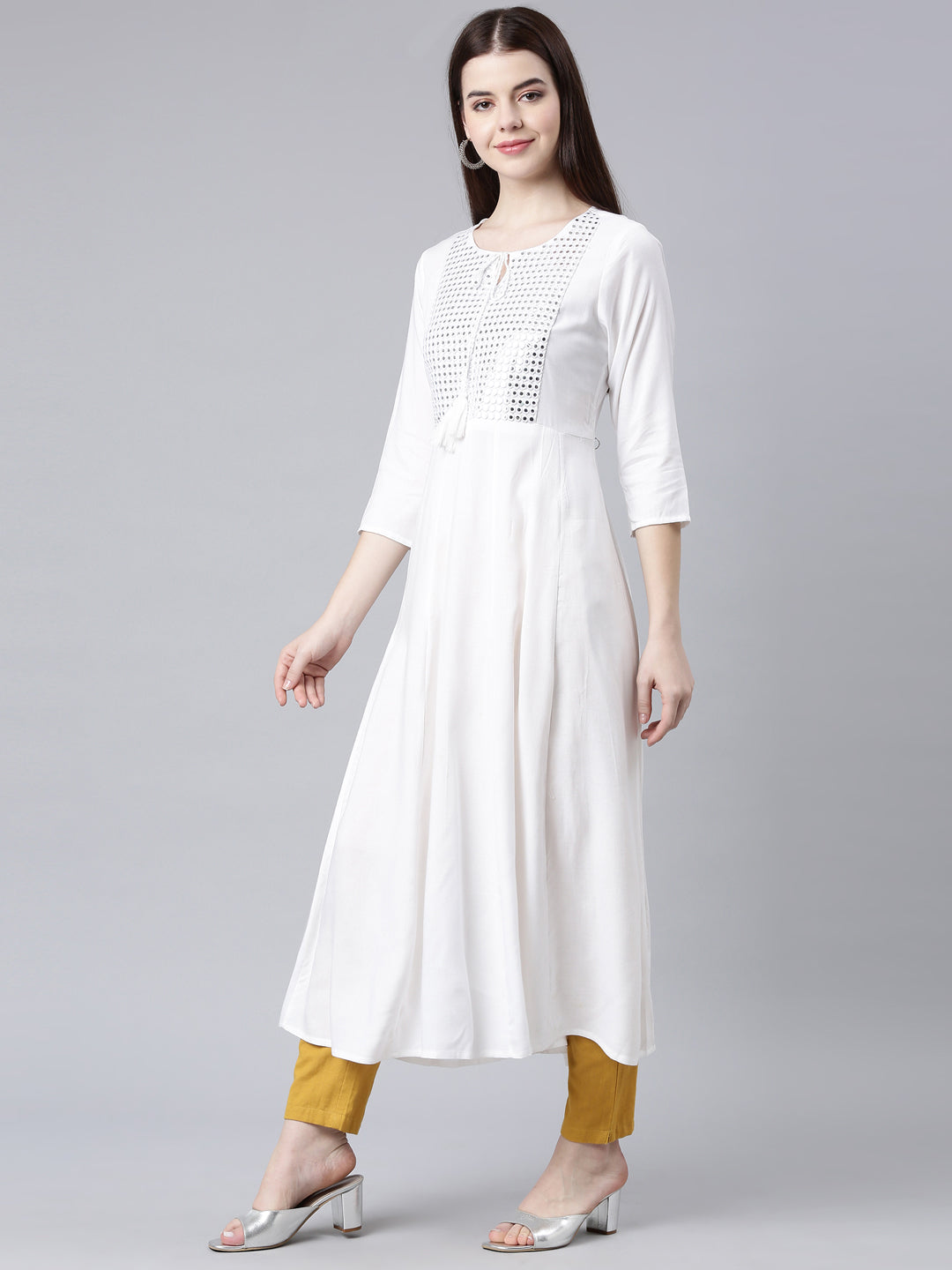 Neerus White cotton solid anarkali kurta - back view