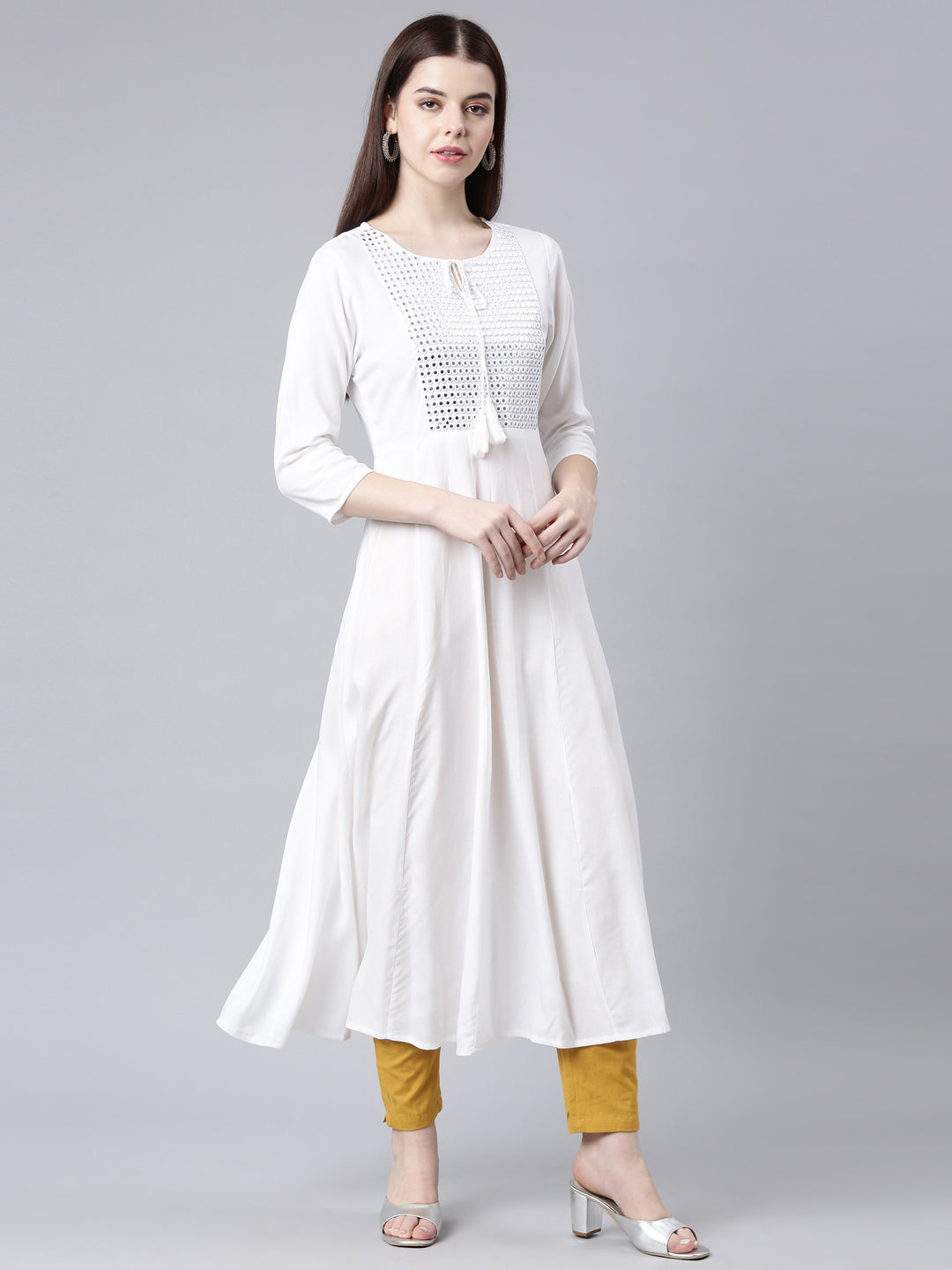 Neerus White cotton solid anarkali kurta - side view