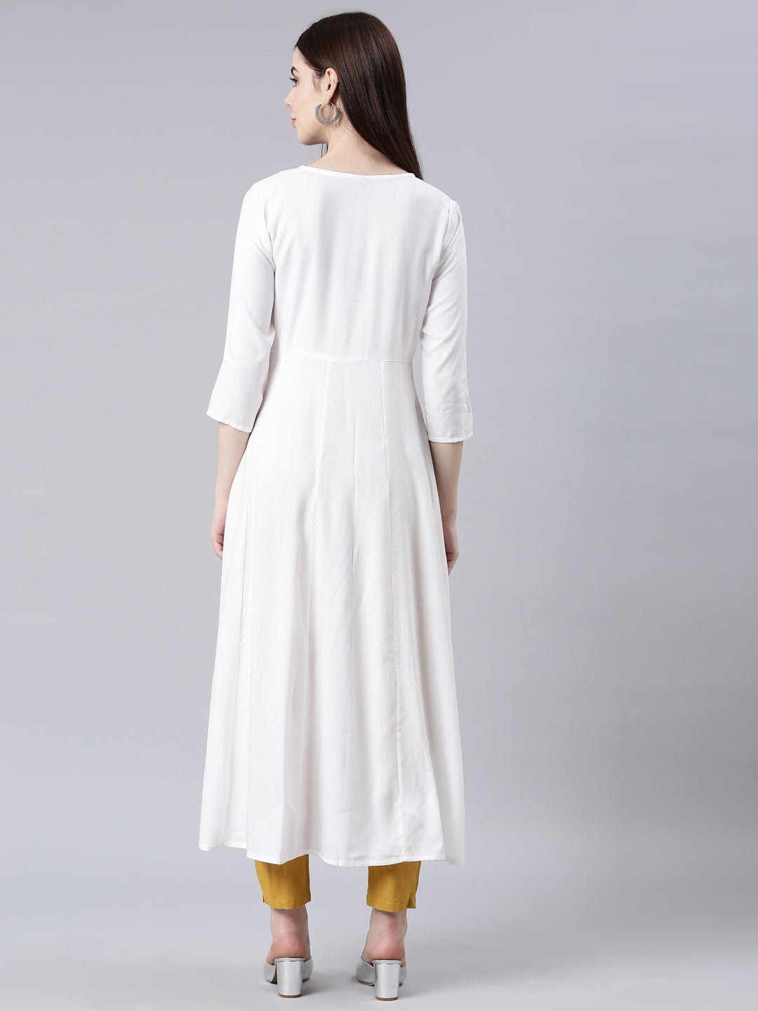 Neerus White cotton solid anarkali kurta - detail view 1
