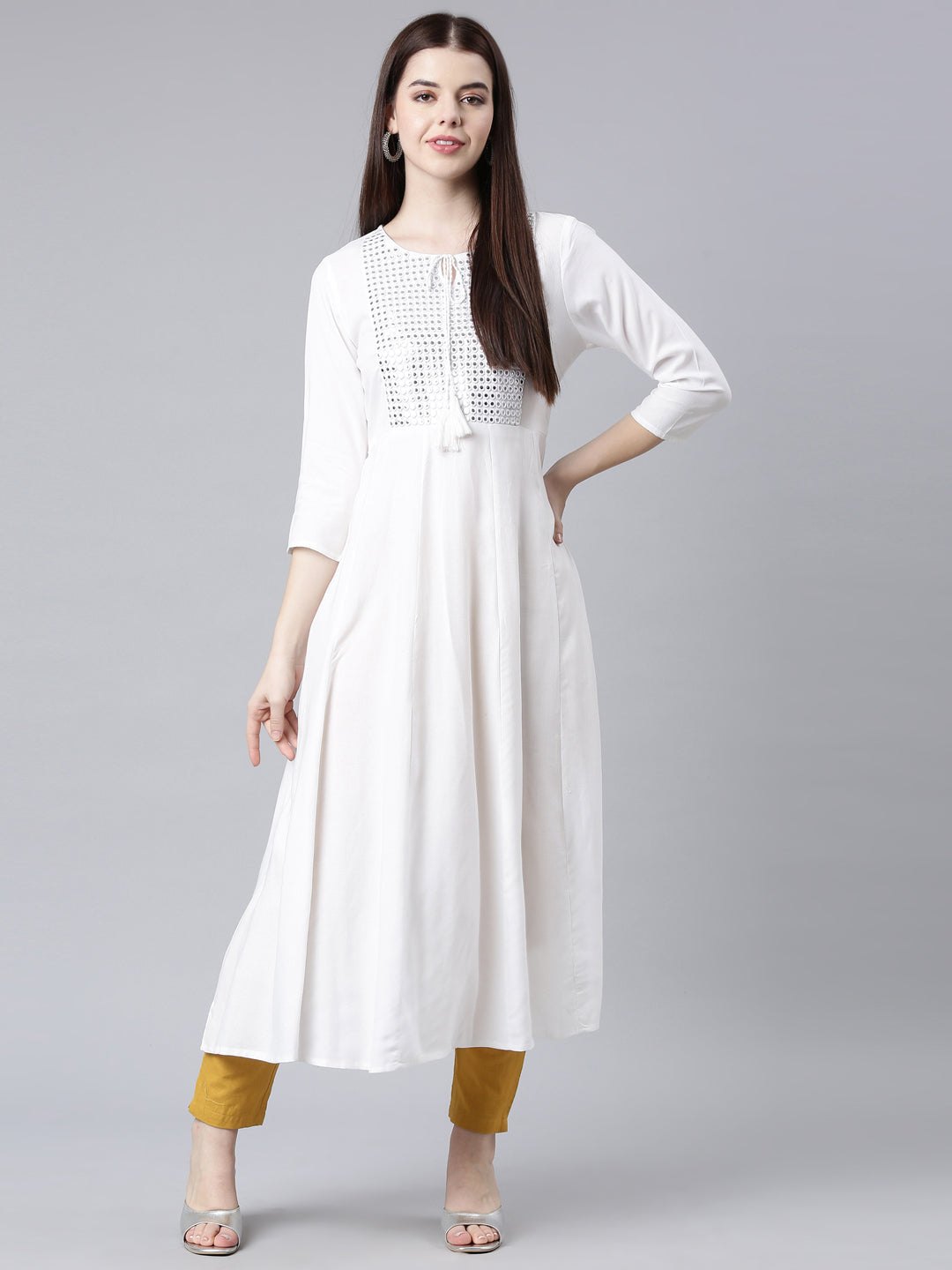 Neerus White cotton solid anarkali kurta - detail view 4