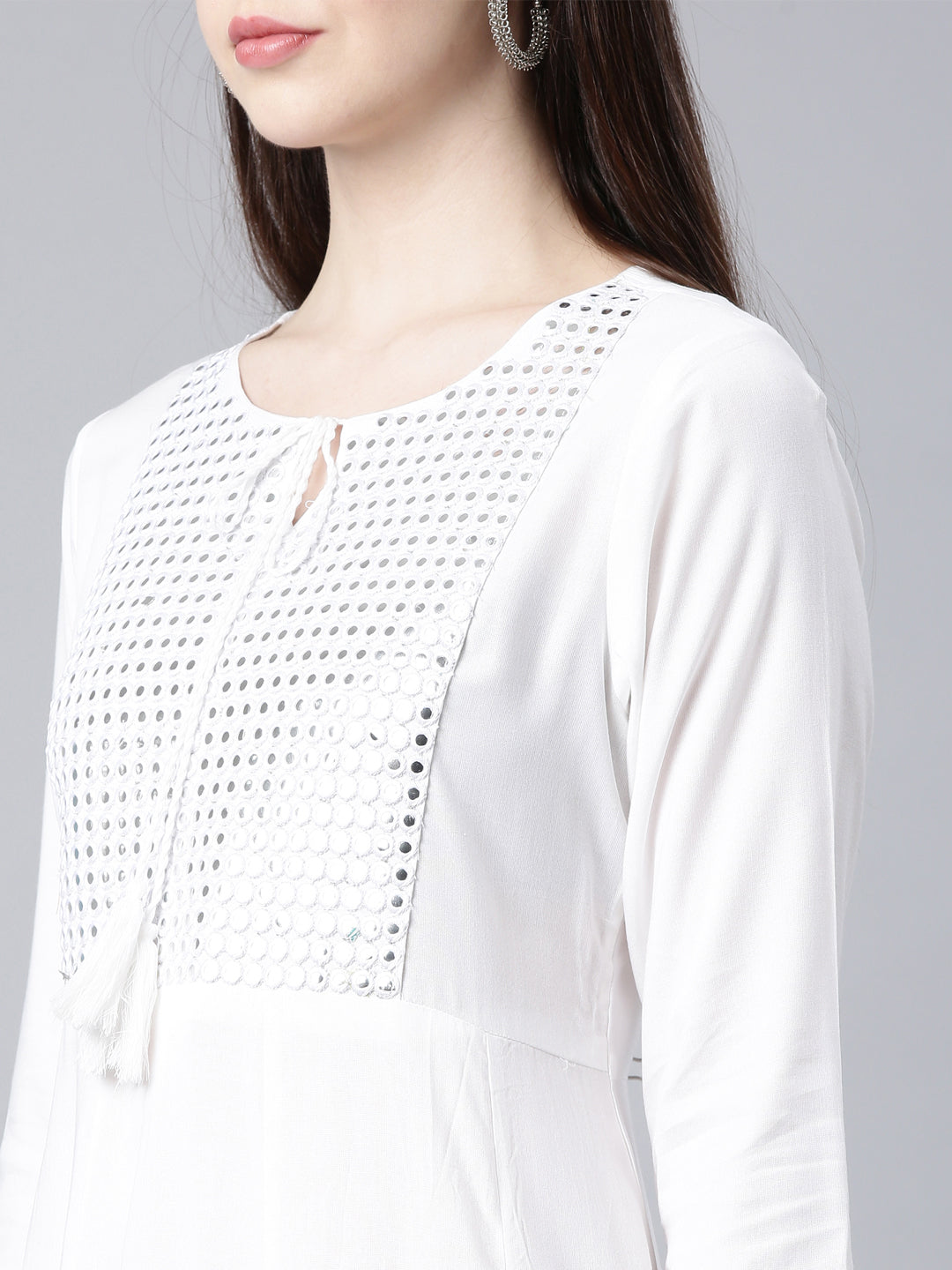 Neerus White cotton solid anarkali kurta - detail view 2