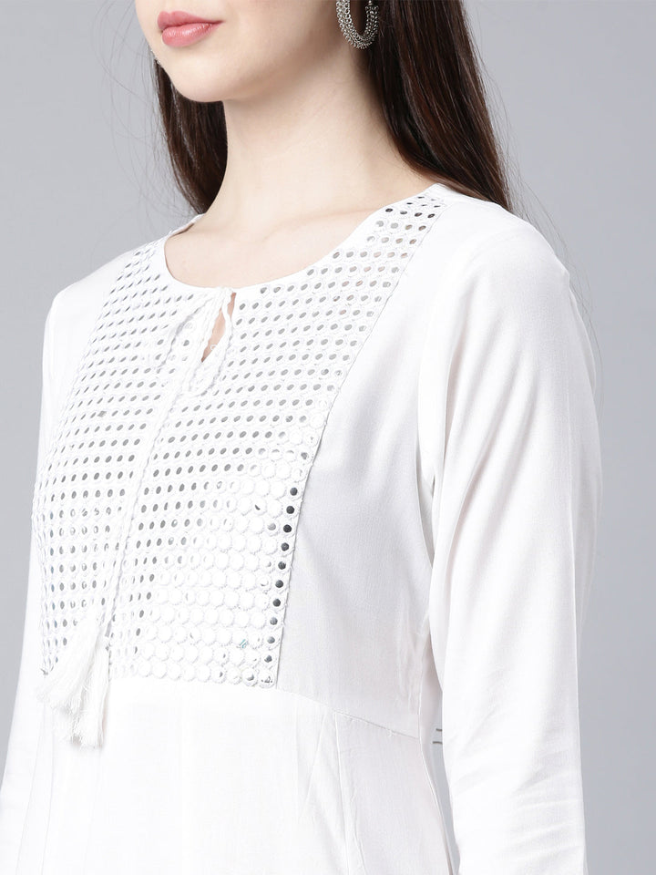 Neerus White cotton solid anarkali kurta - detail view 2
