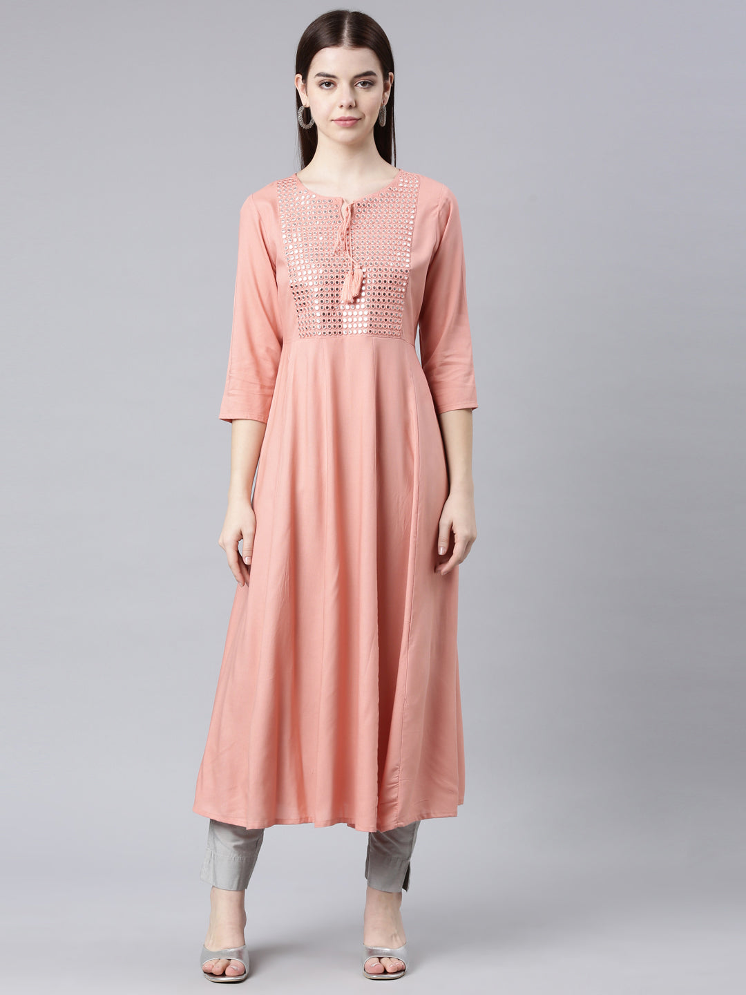 Neerus Orange cotton solid Anarkali kurta - front view
