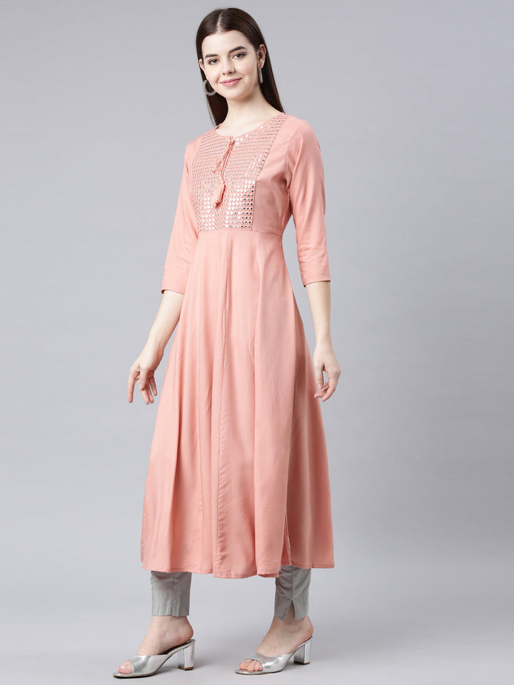 Neerus Orange cotton solid Anarkali kurta - back view