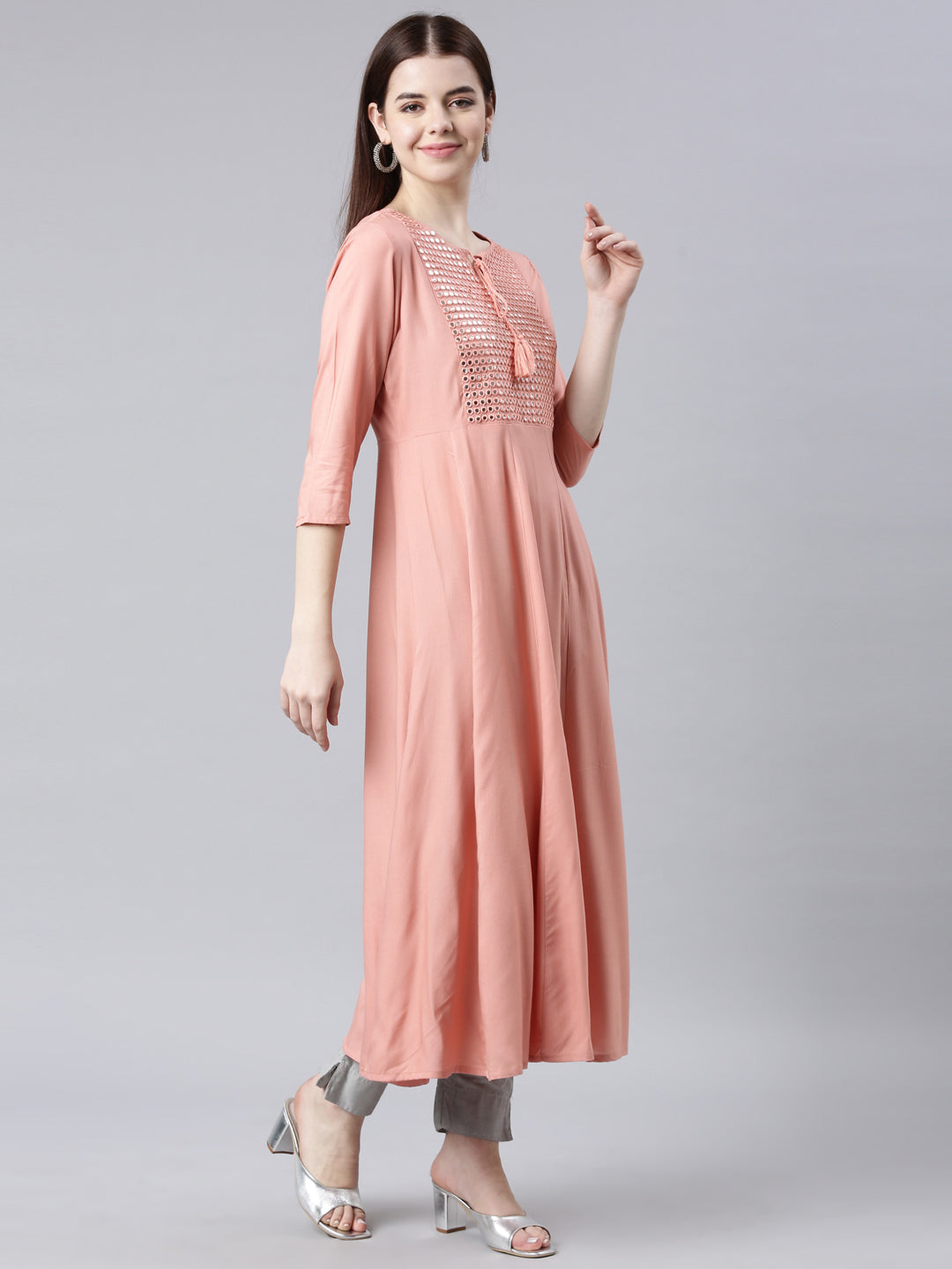 Neerus Orange cotton solid Anarkali kurta - side view