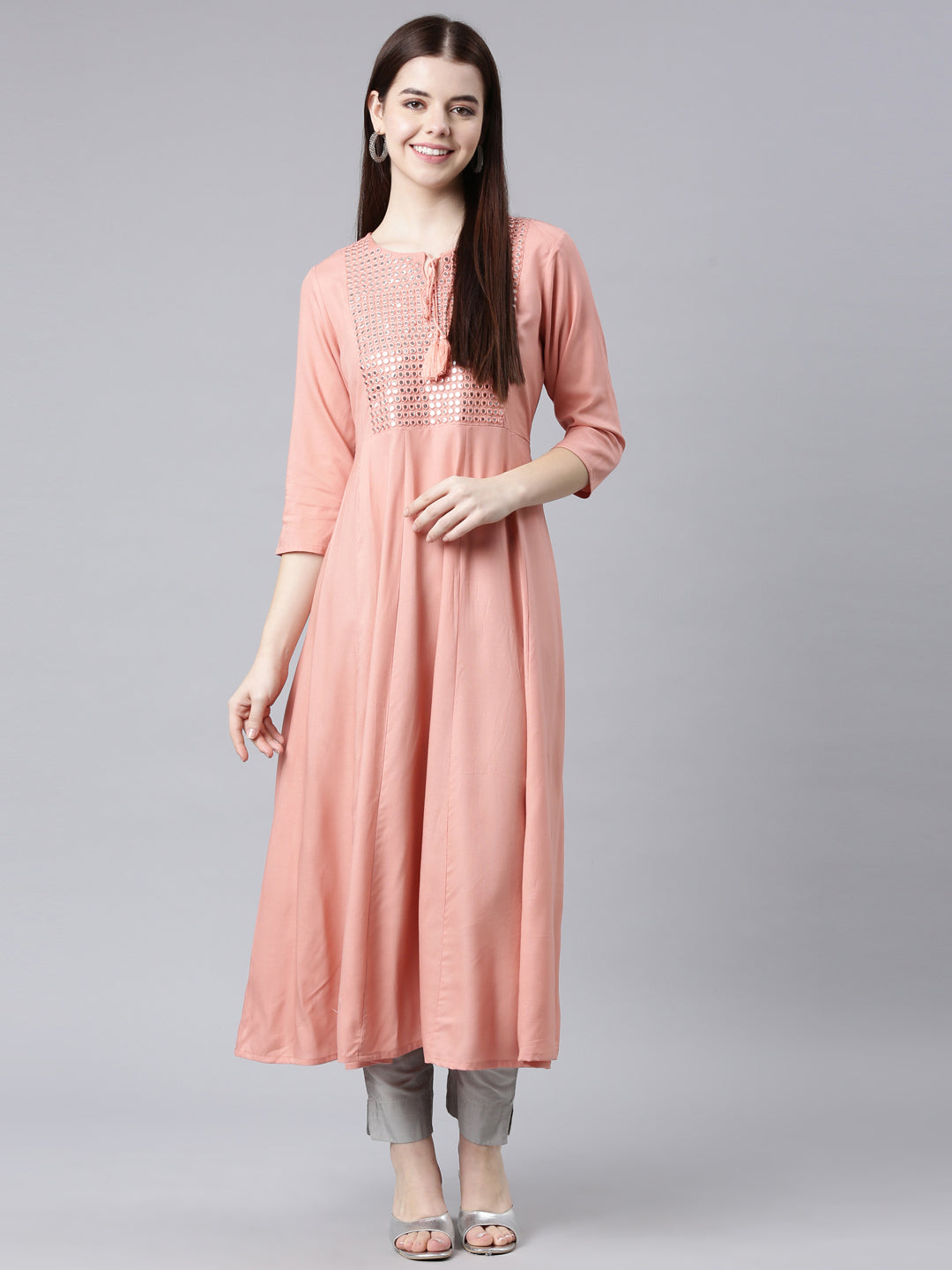 Neerus Orange cotton solid Anarkali kurta - detail view 4