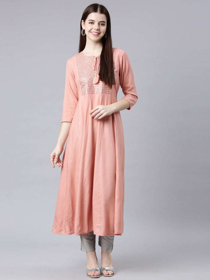 Neerus Orange cotton solid Anarkali kurta - detail view 4