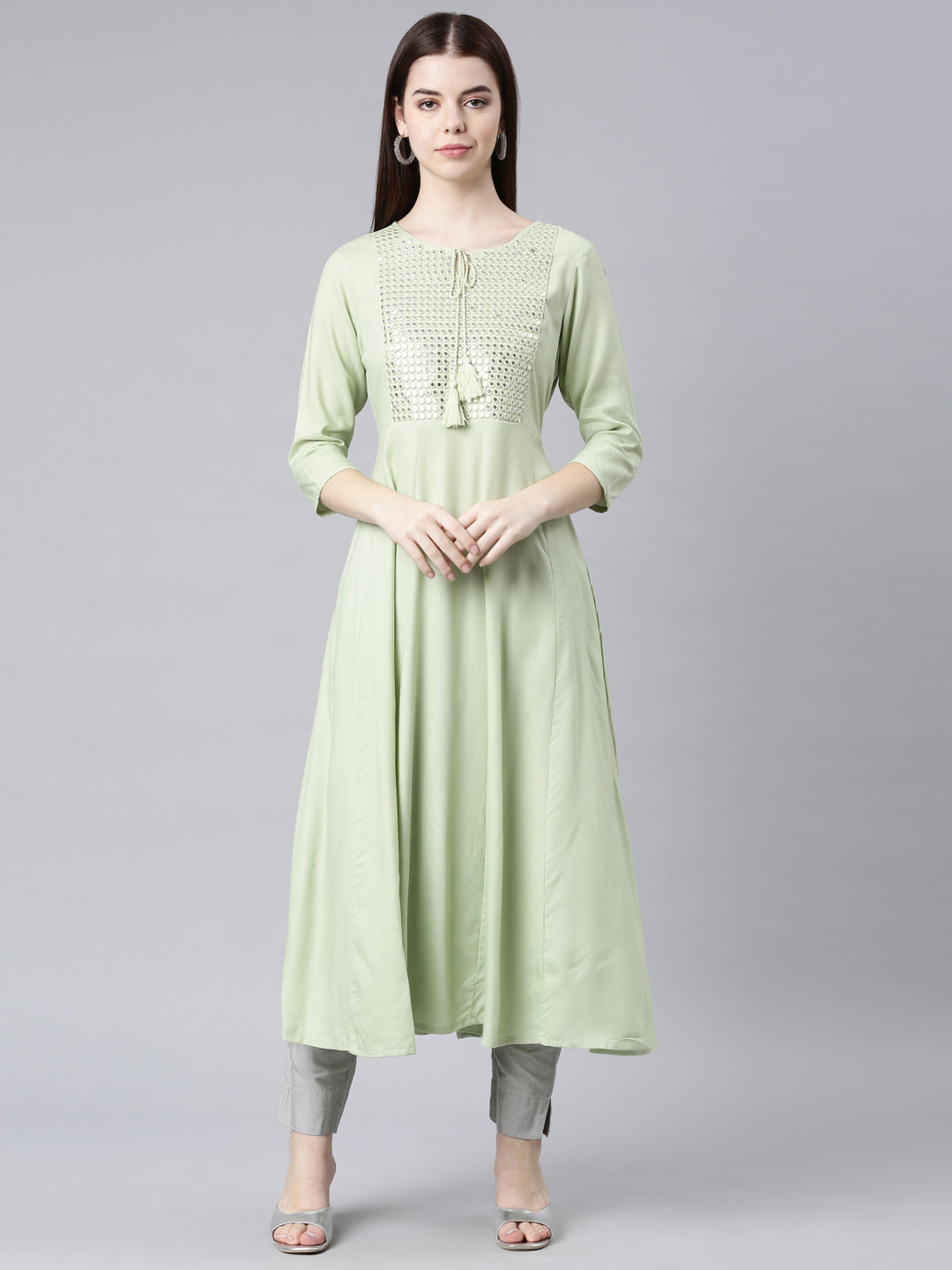 Neerus Green cotton solid anarkali kurti - front view