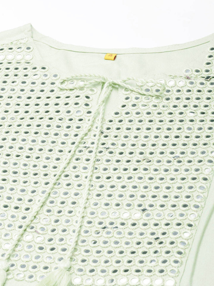 Neerus Green cotton solid anarkali kurti - detail view 3