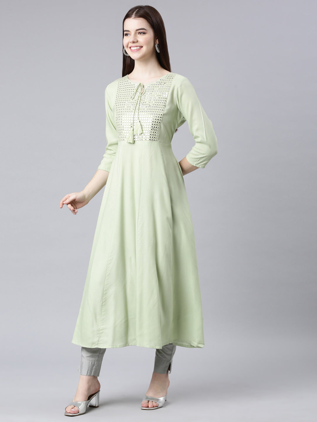 Neerus Green cotton solid anarkali kurti - back view