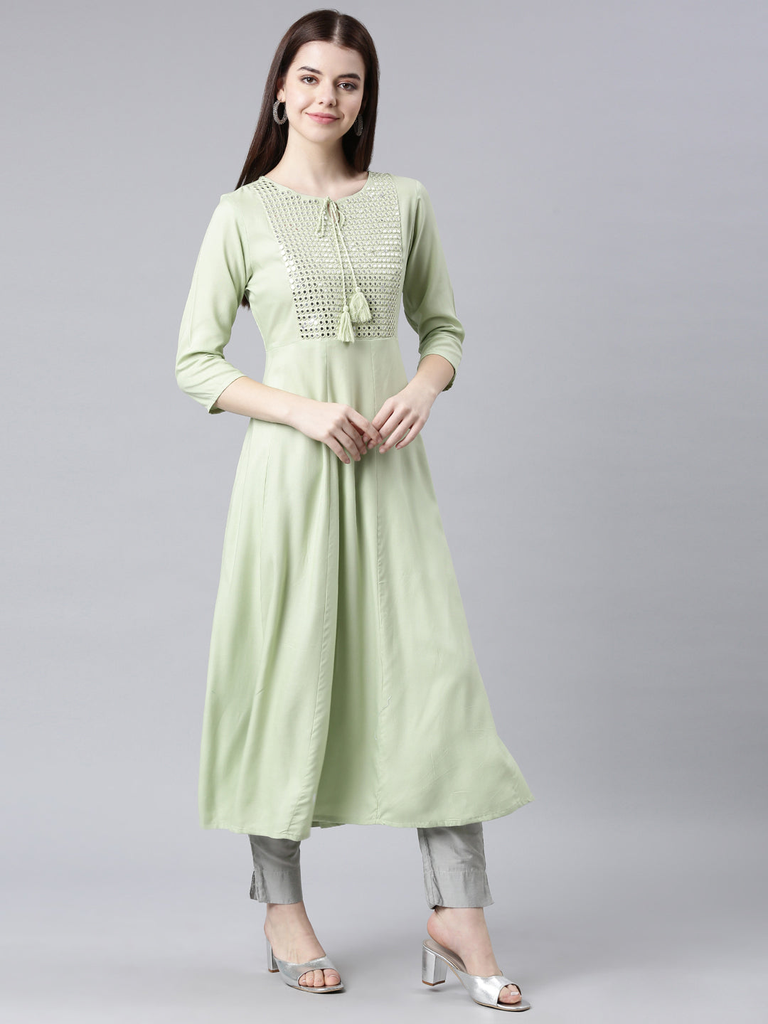 Neerus Green cotton solid anarkali kurti - side view